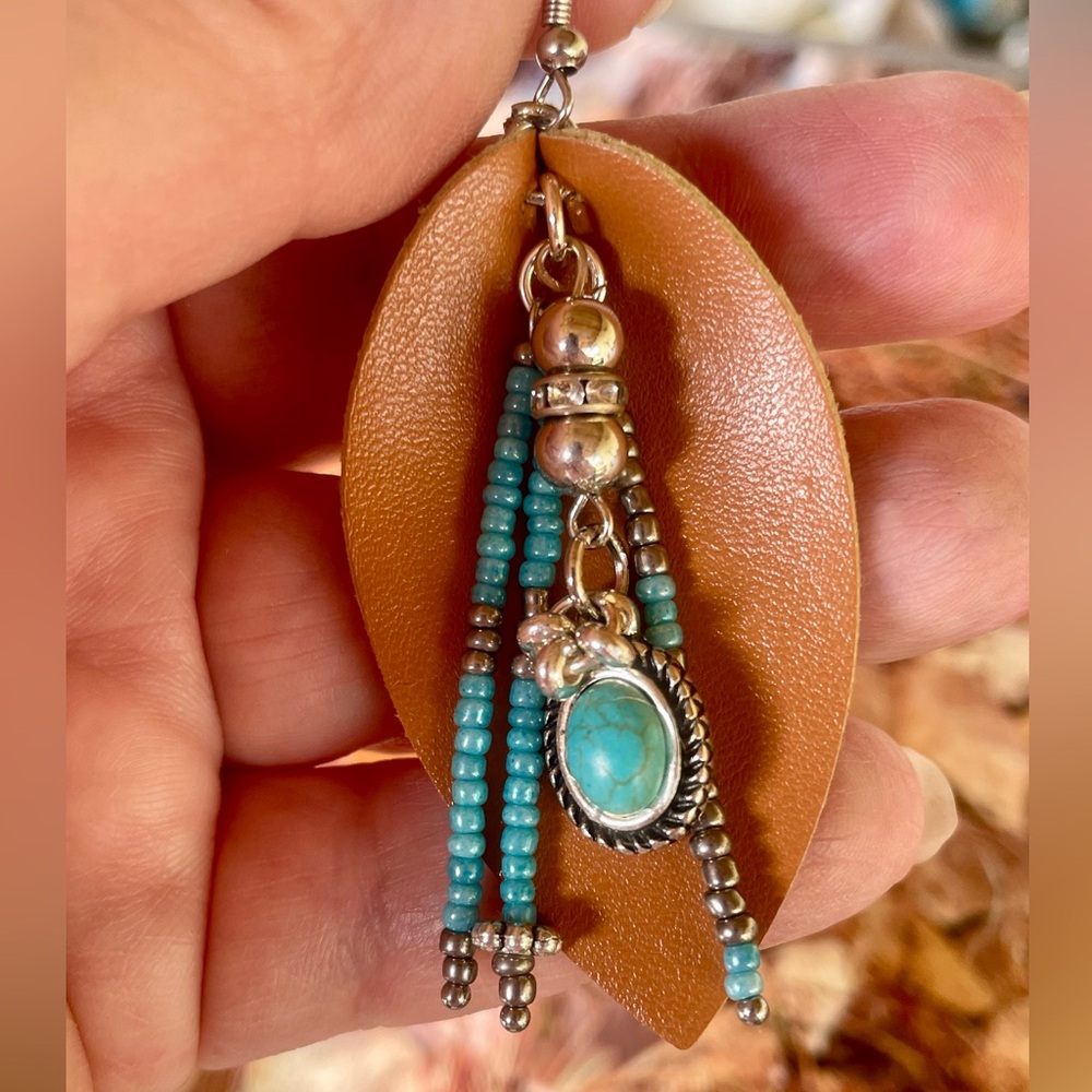 Turquoise and Tan Leather Leaf Southwest Beaded Earrings - Picture 5 of 6